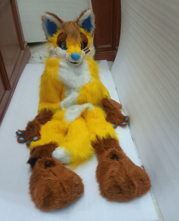 100 % ORIGINALFOTO Gelber Husky 3D-Augen Katze Huksy Hund Fursuit Teen Kostüme Kind voller Pelzanzug Fursona Kigurumi Digitigrade Anime mit Kopf